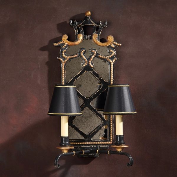 Pagoda Sconce 2 Light Antique Black Finish Gold Accents