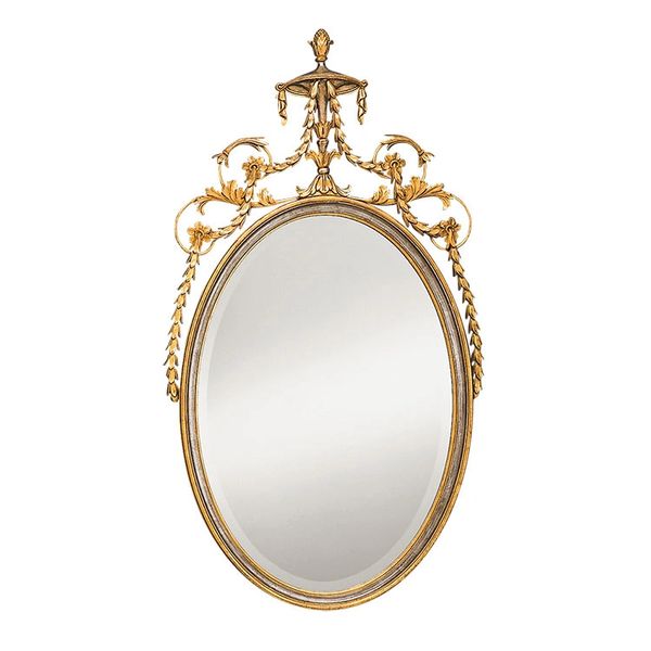 Adam Style Carved Wood Oval Mirror Gold and Silver Leaf Made in Italy