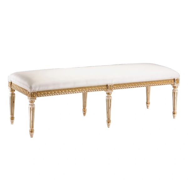 LOUIS XVI STYLE CARVED BEECHWOOD BENCH WITH HAND-PAINTED ANTIQUED WHITE FINISH