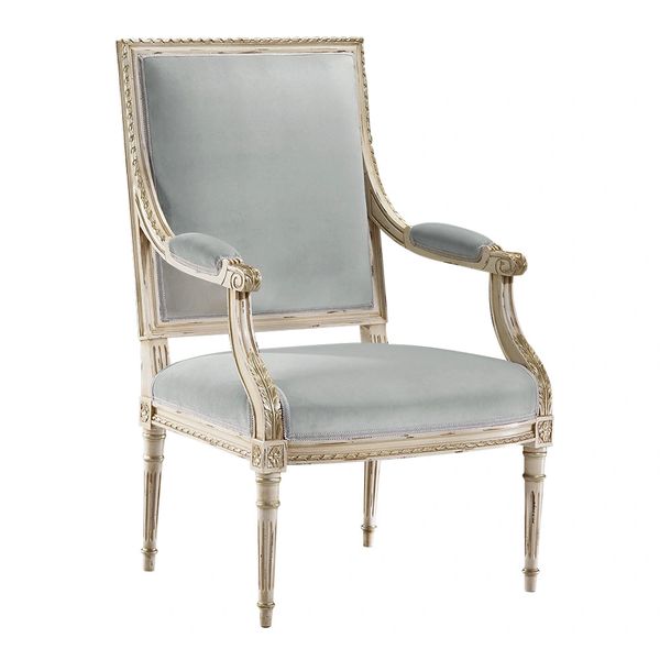 LOUIS XVI STYLE CARVED BEECHWOOD ARMCHAIR WITH DISTRESSED WHITE FINISH