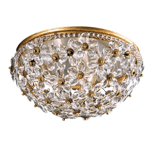 ROUND CEILING LIGHT WITH CRYSTAL FLOWERS AND ANTIQUED GOLDLEAF TRIM,