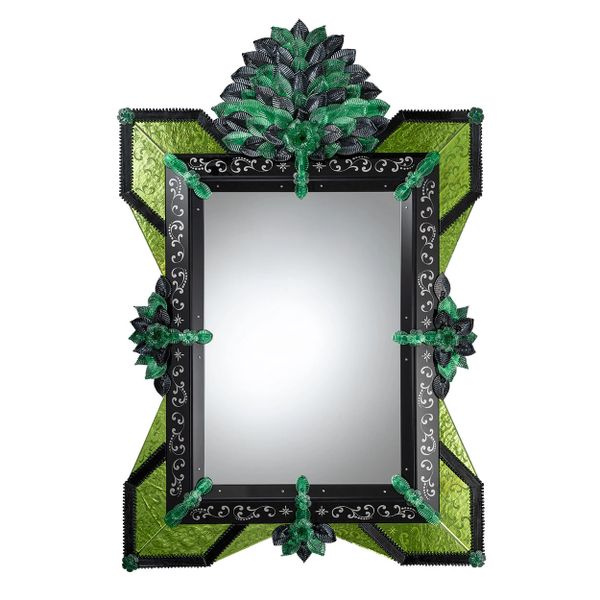 VENETIAN GLASS MIRROR FRAMED IN HAND-ETCHED PALE GREEN AND BLACK GLASS