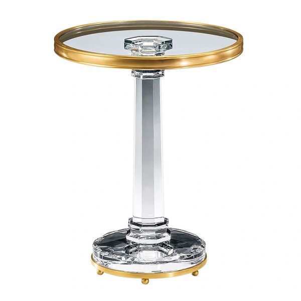 ROUND SOLID CRYSTAL PEDESTAL TABLE WITH ANTIQUED BRASS TRIM 19"D