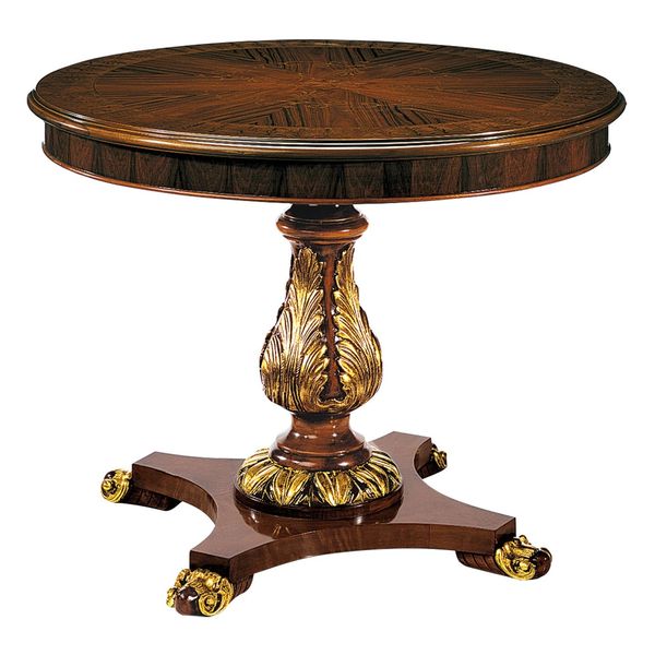 ENGLISH STYLE ROUND WOOD TABLE WITH MYRTLE BURL AND PALISSANDER VENEER
