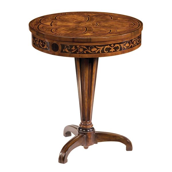 LOUIS XVI STYLE ROUND WOOD TABLE INLAID WITH WALNUT, OLIVE BURL AND BOXWOOD