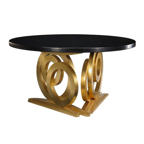 Round Table Art Deco Lacquered Black Top Gold Base