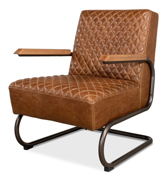 Cuba Brown Leather Chair Bronze Metal Frame Quilted