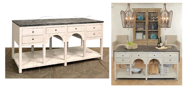 Antique White Kitchen Island with Distressed Blue Stone Top