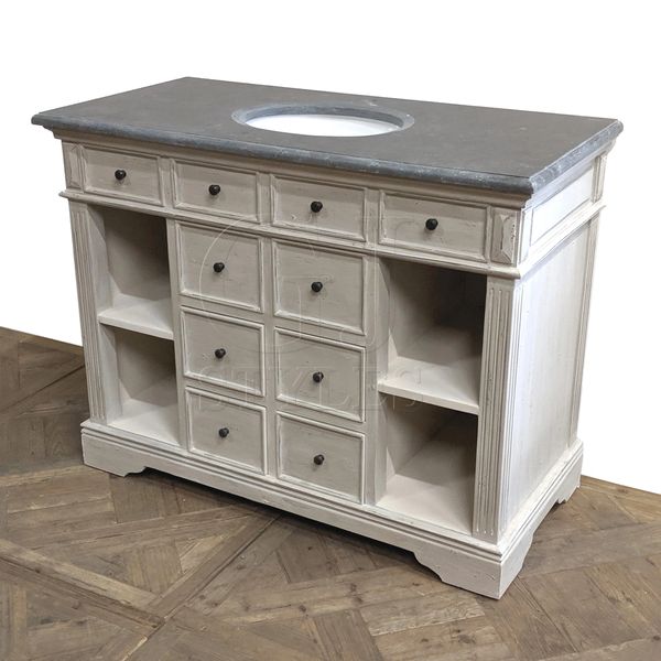 White Distressed Singe Vanity Open Storage Drawer Blue Stone Top