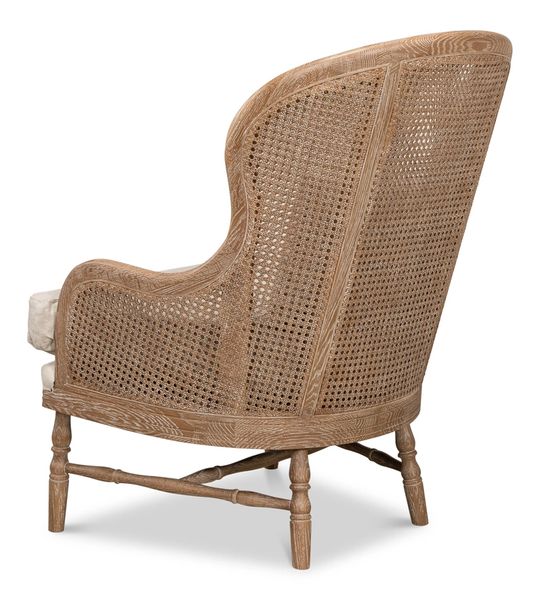 Oak Whitewash Finish Linen Wing Chair Cane Detail Martelle International