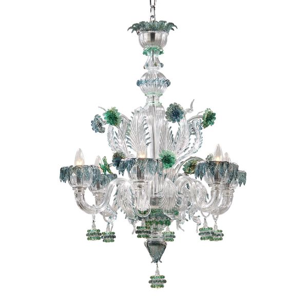 Six Light Hand Blown Clear Chandelier Handmade in Murano Green and Blue Accents
