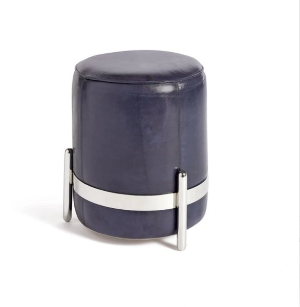 Navy Blue Leather Stool with Polished Nickel