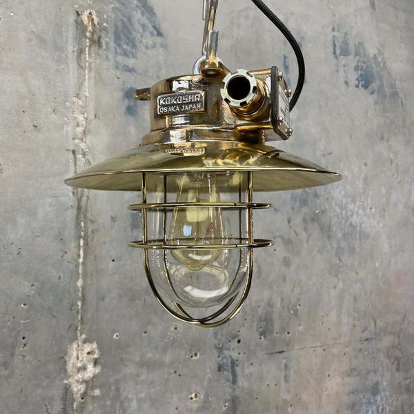 Industrial Pendent Light Bronze Brass Marine Grade Shade Glass Japan Dome Ships Lamp Steampunk