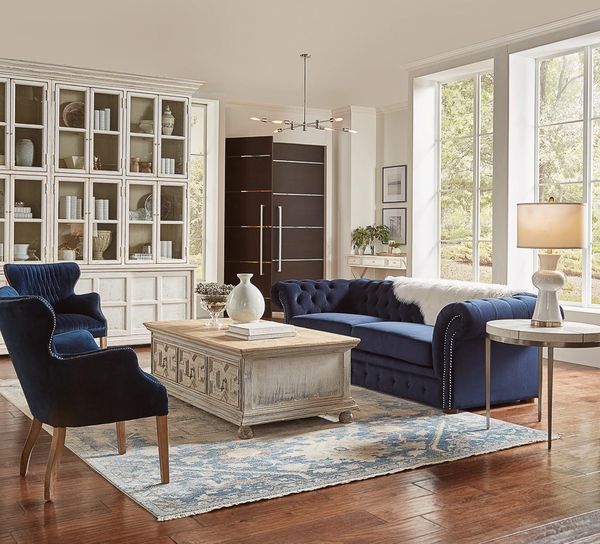 Classic Navy Blue Velvet Tufted Sofa Over 7Ft