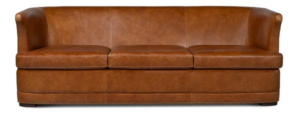 Curved Masterpiece Sofa Cuba Brown Leather Antique Brass Nail Head