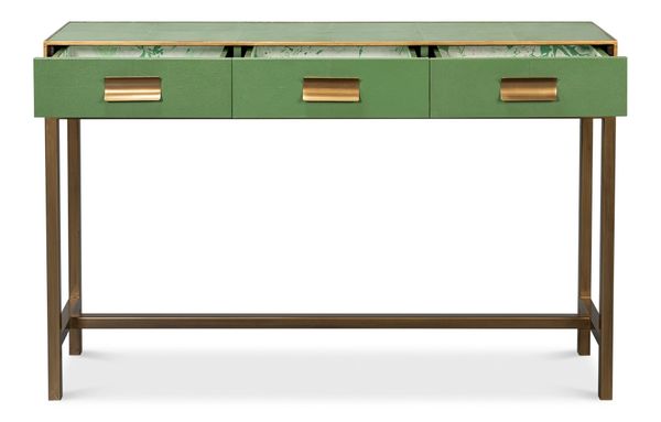 Watercress Leather and Gold Frame Shagreen Console