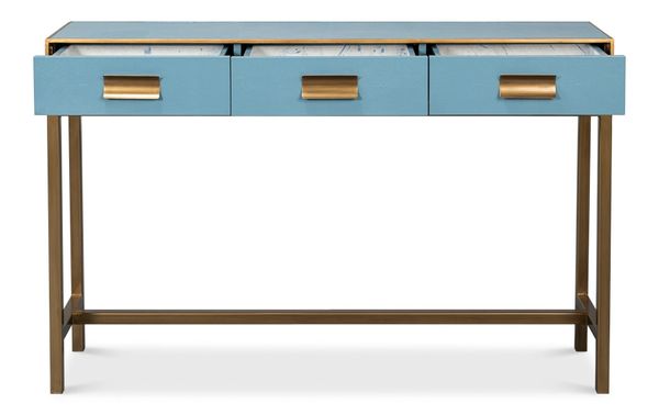 Chambray Blue Shagreen Console Wood and Gold Frame