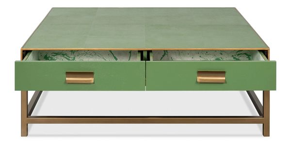 Watercress Leather Shagreen Sq. Coffee Table Gold Frame