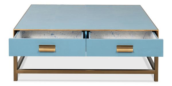 Blue Chambray Leather Shagreen Sq. Coffee Table Gold Frame