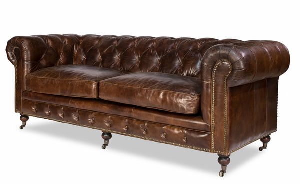 Caster Sofa Couch w/ Tufted Brown Leather