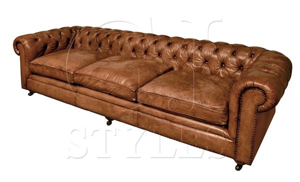 Leather Couch Sofa w/ Rolled Arms & Tufting