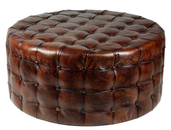 Tufted Ottoman w/ Brown Antique Leather