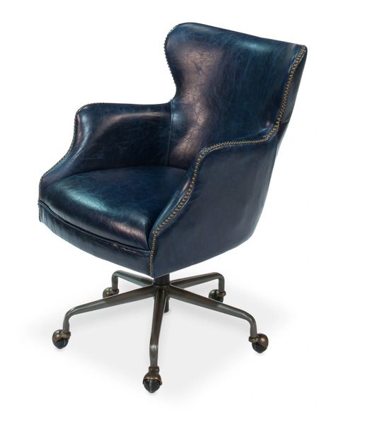 Office Chair in Blue Leather Swivel Wheels