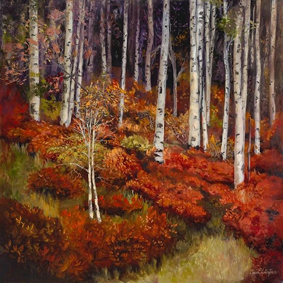 Quaking Aspen Forest Red Study Oil Painting Print -11x11