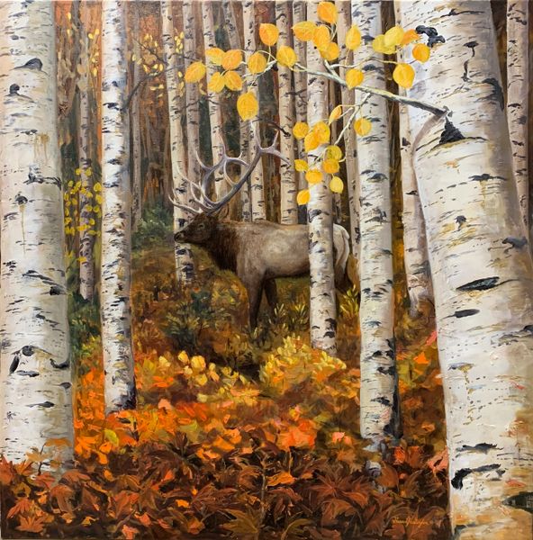 Quaking Aspen Forest" Bull Elk" Oil Painting Print -8x8 with matte 11" x 11"
