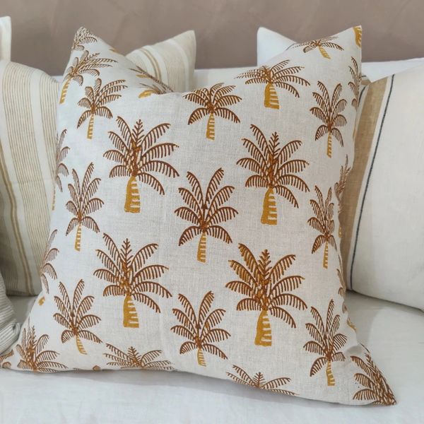 Palm Tree Block Printed Linen Cushion