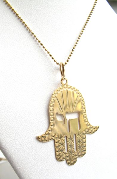 14 K solid gold large hamsa chai amulet talisman pendant necklace kabbalah artisan jewelry talisman for good luck