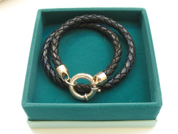 double wrap thick leather and silver life saver clasp bangle bracelet