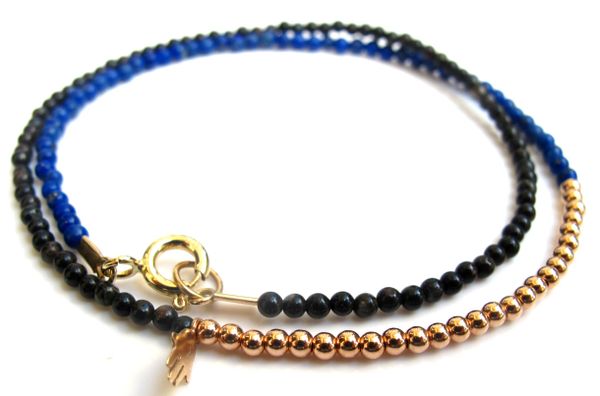 14K rose gold beads natural black onyx blue lapis beads bracelet hamsa charm wrap bangle handmade jewelry