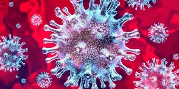 Close-up digital illustration of a virus with spike proteins on a red background.