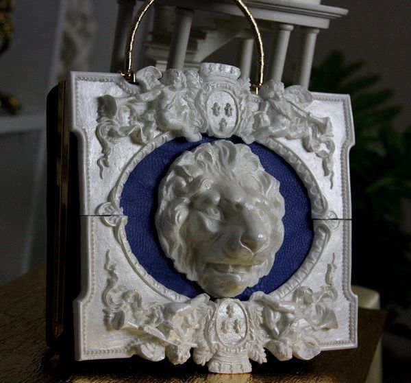 SOLD!1365 Lion White Architect 3D Chunky Bintage Style Embellished Handbag Crossbody Purse