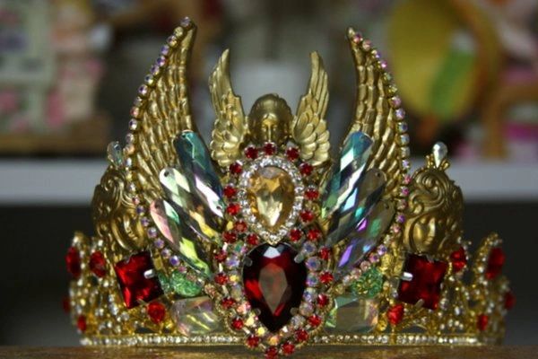 SOLD! 1369 Unisex Gold Art Nouveau Goddess Red Crystal Cherub Unusual Crown Tiara