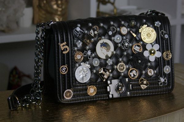 SOLD! 1388 Caviar Le Boy Madam Coco Embellished Brooches Handbag