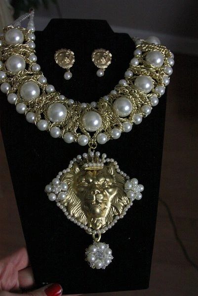 SOLD! 1394 SET Total Baroque HUGE Pearl Gold Lion Chained Unique Statement Necklace Earrings