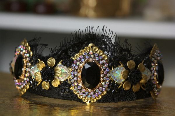 SOLD! 1396 Baroque Black Crystal Gold Flower Lace Headband