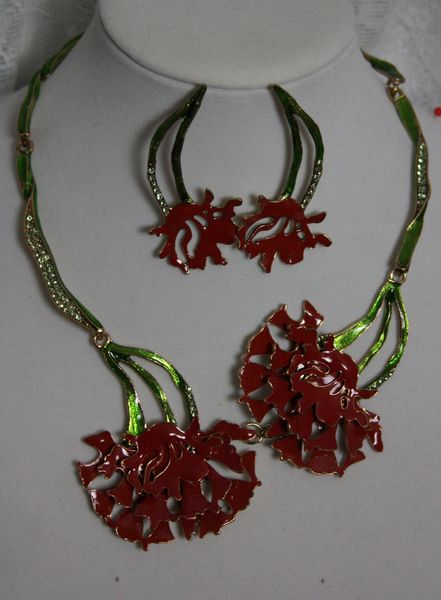 SOLD! 1398 Enamel Designer Carnation Set Necklace Plus Earrings