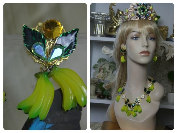 SOLD! 1402 Designer Inspired Banana Enamel Leaf Crystal Studs Earrings