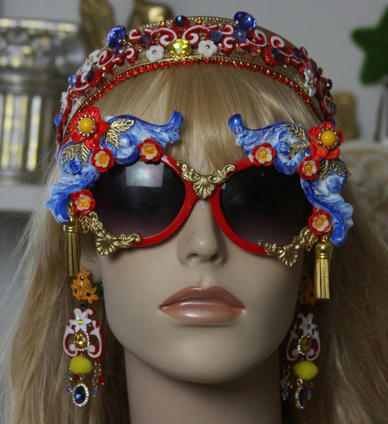 SOLD!1411 Baroque Designer Inspired Blue Red Gold Tassel Embellished Sunglasses