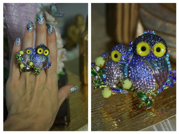 SOLD! 1463 Adorable Crystal Owl Adjustable Cocktail Double Ring