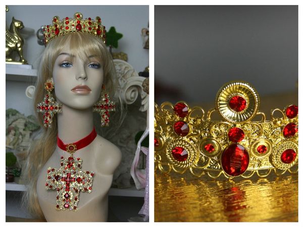 1467 Total BAroque Filigree Metal Red Crystal Tiara Crown