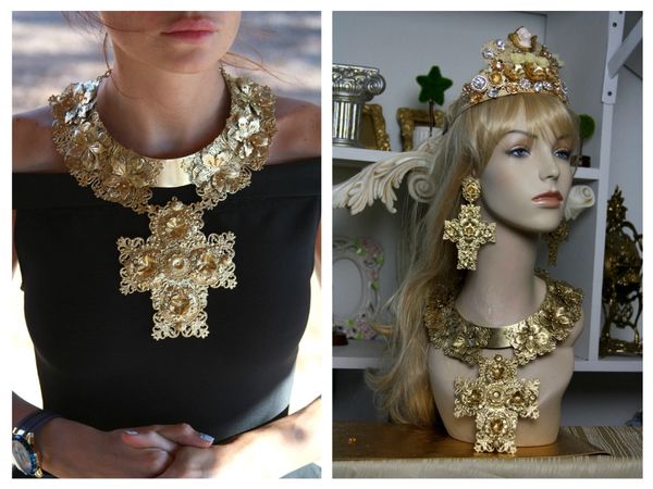 SOLD! 1475 Total Baroque Gold Filigree Huge Cross Necklace SET