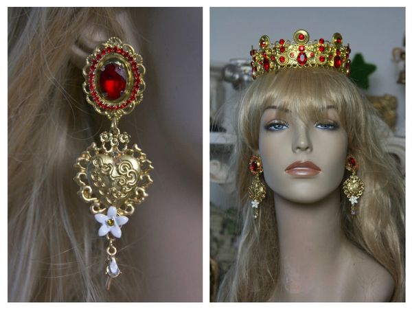 SOLD! 1504 Baroque Red Crystal Heart Flower Studs Earrings