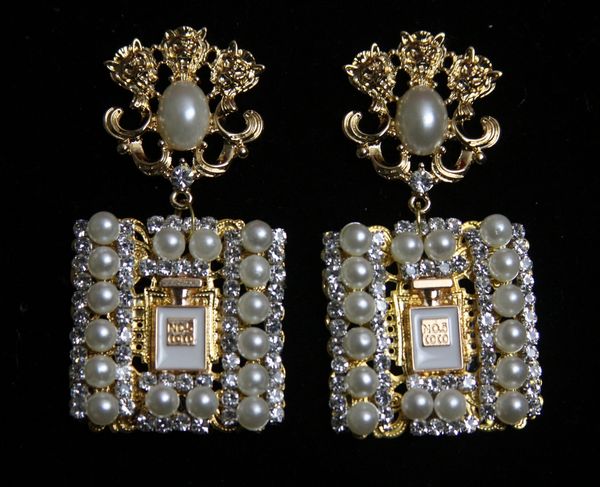SOLD!1587 Madam Coco Perfume Bottle Lion Pearl Crystal Studs Earrings