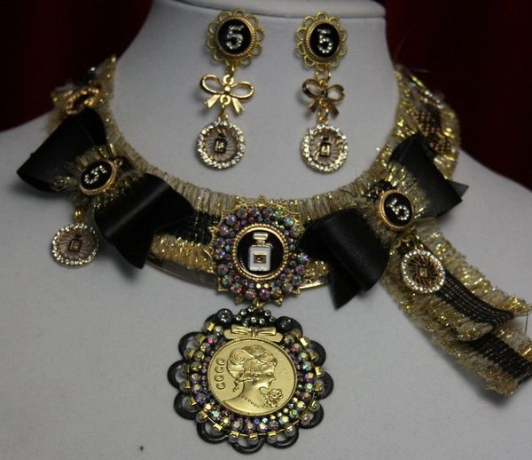 SOLD! 1620 Madam Coco Inspired Gold Medalion Black Crystal SET