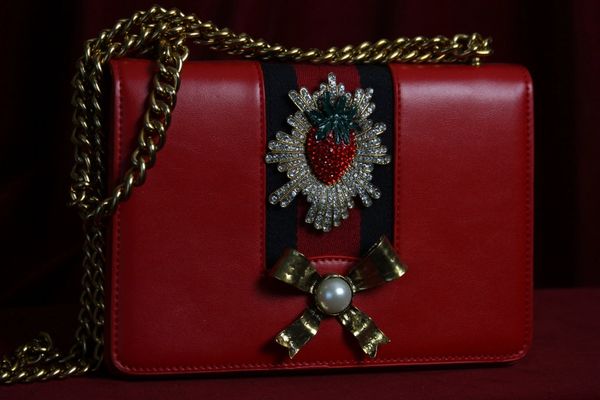 1672 Designer Inspired Strawberry Bow Pearl PU Leather Red Crossbody Purse Handbag