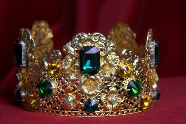 SOLD! 1698 Baroque Filigree Green Crystal Flower Tall Crown Headband